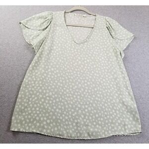 Vine & Love Top Women's Medium M Green White Dots Short Flutter Sleeve Spring